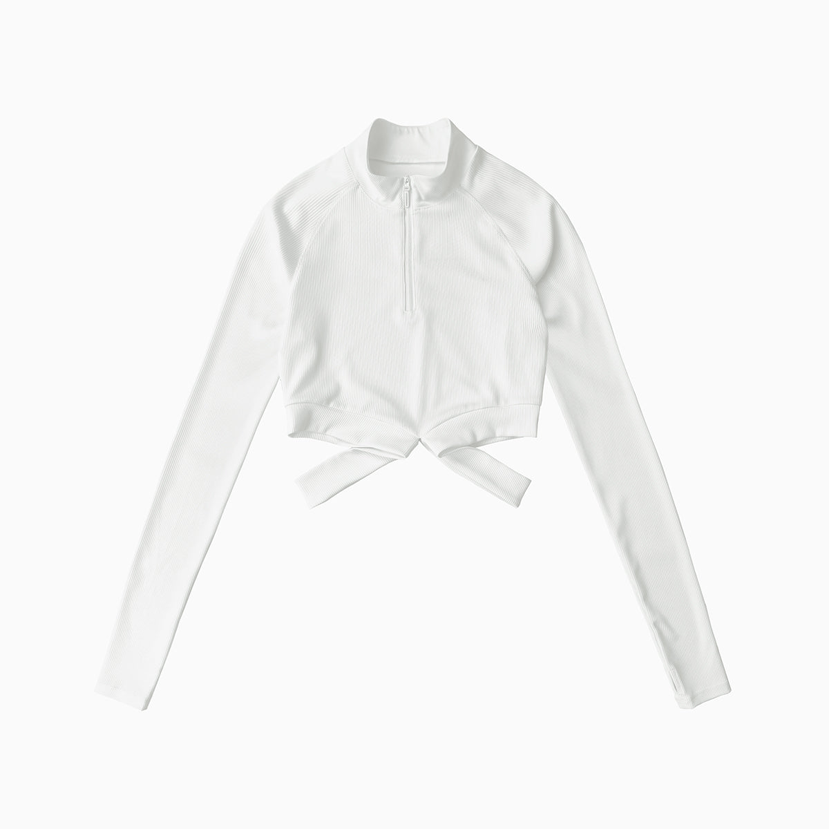White long-sleeve top with a tie detail on a white background