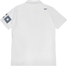 White polo shirt with checkered pattern on sleeve and logo on chest against a white background