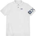White polo shirt with geometric patterns on sleeves against a white background