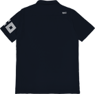 Black polo shirt with checkered sleeve design on a white background