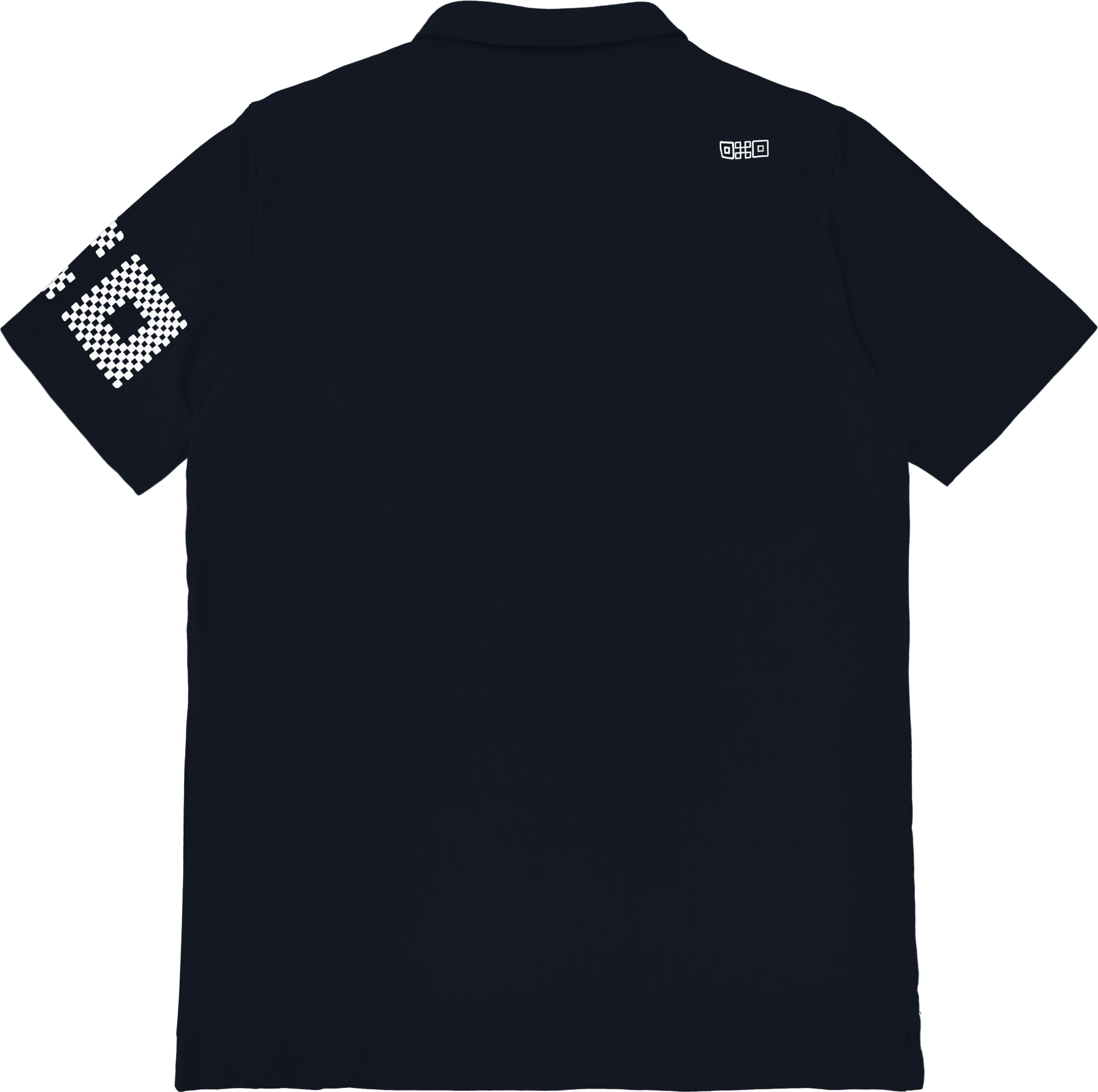 Black polo shirt with checkered sleeve design on a white background