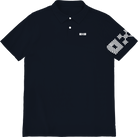 Black polo shirt with white logo on chest and patterned sleeve on a white background