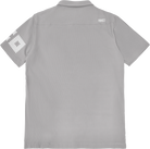 Gray polo shirt with brand logo on the chest and sleeve, on a white background