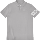 Gray polo shirt with brand logo on sleeve against a white background