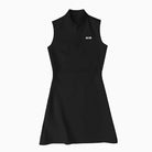 Black sleeveless dress with a logo on a white background