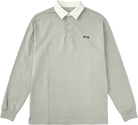 Gray long-sleeve polo shirt with white collar on a white background