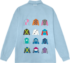 Light blue shirt with colorful jacket illustrations on a white background
