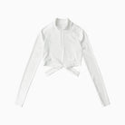 White long-sleeve top with a tie detail on a white background